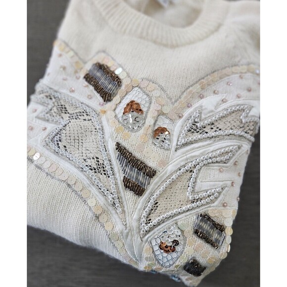 Vtg 80s Off White Knit Angora Lambswool Beaded Applique Sweater M Dolman Sleeve - Picture 10 of 12